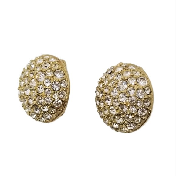SWAROVSKI VINTAGE 1990s GOLDTONE & PAVE CRYSTAL ROUND CLIP ON EARRINGS - Picture 4 of 7